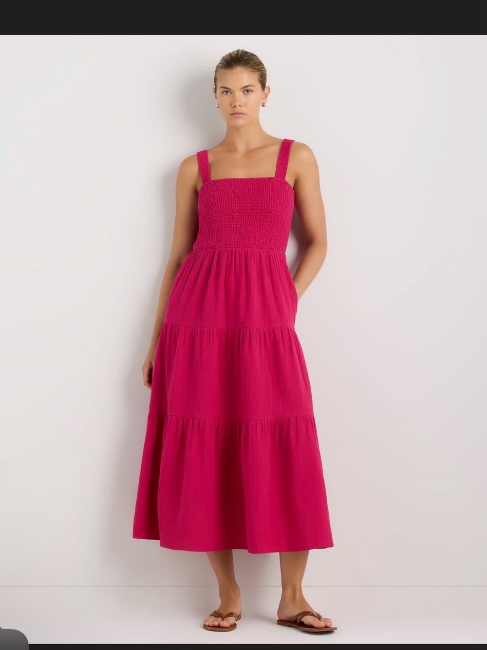 Quince Smocked Tiered Midi Dress - Hot Pink